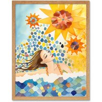 Artery8 Wall Art Print Abstract Sea Swimming Folk Art Bathroom Art Framed in Light Oak | Size: W12" x H16"