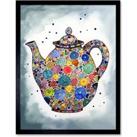 Artery8 Wall Art Print Colourful Teapot Folk Art Kitchen Art Framed in Black | Size: W12" x H16"