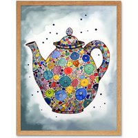 Artery8 Wall Art Print Colourful Teapot Folk Art Kitchen Art Framed in Light Oak | Size: W12" x H16"