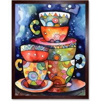 Artery8 Wall Art Print Kitchen Folk Art Mugs & Cups Art Framed in Brown | Size: W12" x H16"