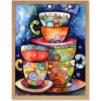 Artery8 Wall Art Print Kitchen Folk Art Mugs & Cups Art Framed in Light Oak | Size: W12" x H16"