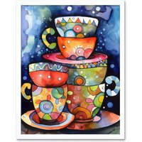 Artery8 Wall Art Print Kitchen Folk Art Mugs & Cups Art Framed in White | Size: W12" x H16"