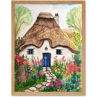 Artery8 Wall Art Print The Cottage In The Forrest Flowers Folk Art Framed in Light Oak | Size: W12" x H16"