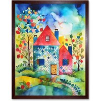 Artery8 Wall Art Print Farmhouse In The Flowers Folk Art Framed in Brown | Size: W12" x H16"