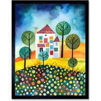 Artery8 Wall Art Print Abstract House & Garden Folk Art Framed in Black | Size: W12" x H16"