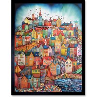 Artery8 Wall Art Print Abstract Fishing Village Folk Art Framed in Black | Size: W12" x H16"