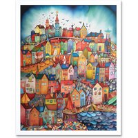 Artery8 Wall Art Print Abstract Fishing Village Folk Art Framed in White | Size: W12" x H16"