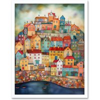 Artery8 Wall Art Print Home By The Sea Folk Art Framed in White | Size: W12" x H16"