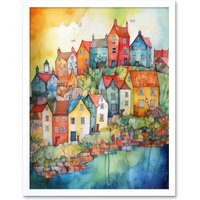 Artery8 Wall Art Print Village Of Manarola Italy Folk Art Framed in White | Size: W12" x H16"
