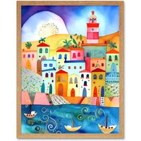 Artery8 Wall Art Print Tunisia Seaside Town Folk Art Framed in Light Oak | Size: W12" x H16"