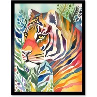 Artery8 Wall Art Print The Hidden Tiger Folk Art Framed in Black | Size: W12" x H16"