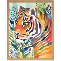 Artery8 Wall Art Print The Hidden Tiger Folk Art Framed in Light Oak | Size: W12" x H16"