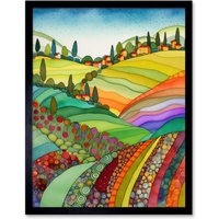 Artery8 Wall Art Print Abstract Tuscany Hills Landscape Folk Art Framed in Black | Size: W12" x H16"