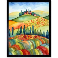 Artery8 Wall Art Print Landscape Of Tuscany House On The Hill Folk Art Framed in Black | Size: W12" x H16"