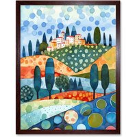 Artery8 Wall Art Print Italian Abstract Landscape Folk Art Framed in Brown | Size: W12" x H16"