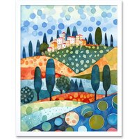 Artery8 Wall Art Print Italian Abstract Landscape Folk Art Framed in White | Size: W12" x H16"