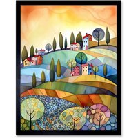 Artery8 Wall Art Print Italian Countryside Midsummer Landscape Folk Art Framed in Black | Size: W12" x H16"