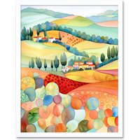 Artery8 Wall Art Print Chianti Italy Rolling Hills Folk Art Framed in White | Size: W12" x H16"