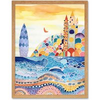 Artery8 Wall Art Print Abstract Seascape Waves On Beach Folk Art Bathroom Art Framed in Light Oak | Size: W12" x H16"