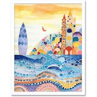 Artery8 Wall Art Print Abstract Seascape Waves On Beach Folk Art Bathroom Art Framed in White | Size: W12" x H16"