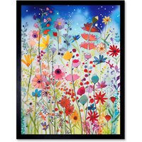 Artery8 Wall Art Print Summer Wildflower Meadow Folk Art Framed in Black | Size: W12" x H16"