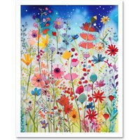 Artery8 Wall Art Print Summer Wildflower Meadow Folk Art Framed in White | Size: W12" x H16"