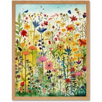 Artery8 Wall Art Print Mixed Wildflower Bloom In Meadow Folk Art Framed in Light Oak | Size: W12" x H16"