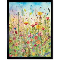 Artery8 Wall Art Print Summer Wild Flower Blossom Meadow Folk Art Framed in Black | Size: W12" x H16"