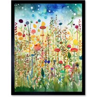 Artery8 Wall Art Print Wildflower Meadow Folk Art Framed in Black | Size: W12" x H16"