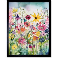Artery8 Wall Art Print Bright Wildflower Floral Blooms Folk Art Framed in Black | Size: W12" x H16"