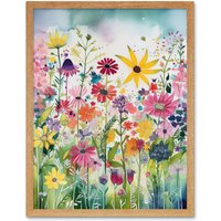 Artery8 Wall Art Print Bright Wildflower Floral Blooms Folk Art Framed in Light Oak | Size: W12" x H16"