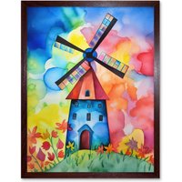 Artery8 Wall Art Print Watercolour Windmill Netherlands Folk Art Framed in Brown | Size: W12" x H16"
