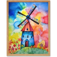 Artery8 Wall Art Print Watercolour Windmill Netherlands Folk Art Framed in Light Oak | Size: W12" x H16"