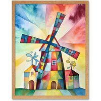 Artery8 Wall Art Print Windmill Folk Art Abstract Bright Art Framed in Light Oak | Size: W12" x H16"