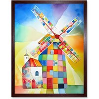 Artery8 Wall Art Print Abstract Patchwork Windmill Old Amsterdam Folk Art Framed in Brown | Size: W12" x H16"