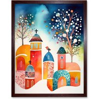 Artery8 Wall Art Print Winter Churchyard Snowfall Trees Folk Art Framed in Brown | Size: W12" x H16"