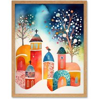 Artery8 Wall Art Print Winter Churchyard Snowfall Trees Folk Art Framed in Light Oak | Size: W12" x H16"