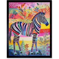 Artery8 Wall Art Print Zebra Rainbow Floral Abstract Folk Art Framed in Black | Size: W12" x H16"