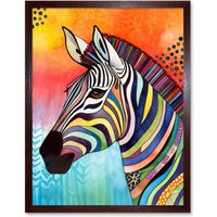 Artery8 Wall Art Print Zebra Folk Art Bright Multicoloured Art Framed in Brown | Size: W12" x H16"