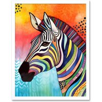 Artery8 Wall Art Print Zebra Folk Art Bright Multicoloured Art Framed in White | Size: W12" x H16"