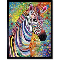 Artery8 Wall Art Print Folk Art Zebra Colourful Flower Boho Art Framed in Black | Size: W12" x H16"