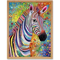 Artery8 Wall Art Print Folk Art Zebra Colourful Flower Boho Art Framed in Light Oak | Size: W12" x H16"