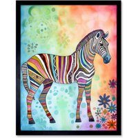 Artery8 Wall Art Print Rainbow Floral Zebra Folk Art Framed in Black | Size: W12" x H16"