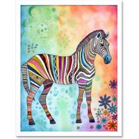 Artery8 Wall Art Print Rainbow Floral Zebra Folk Art Framed in White | Size: W12" x H16"