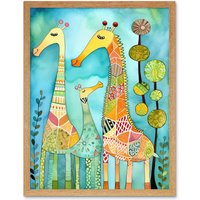 Artery8 Wall Art Print Folk Art Giraffes Fun Cute Kids Bedroom Painting Art Framed in Light Oak | Size: W12" x H16"