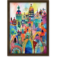 Artery8 Cityscape Abstract Folk Art Vibrant Multicoloured Watercolour Painting Artwork Framed Wall Art Print A4 in Brown