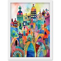 Artery8 Cityscape Abstract Folk Art Vibrant Multicoloured Watercolour Painting Artwork Framed Wall Art Print A4 in White