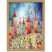 Artery8 Celebration Day Cityscape Processional Street Folk Art Watercolour Painting Artwork Framed Wall Art Print A4 in Light Oak