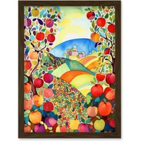 Artery8 Apple Tree Orchard Fields In Summer Folk Art Landscape Watercolour Painting Artwork Framed Wall Art Print A4 in Brown