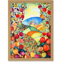Artery8 Apple Tree Orchard Fields In Summer Folk Art Landscape Watercolour Painting Artwork Framed Wall Art Print A4 in Light Oak